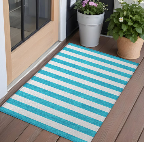 2 X 3 Teal Striped Washable Non Skid Indoor Outdoor Area Rug