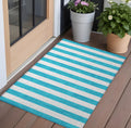 3 X 5 Teal Striped Washable Non Skid Indoor Outdoor Area Rug