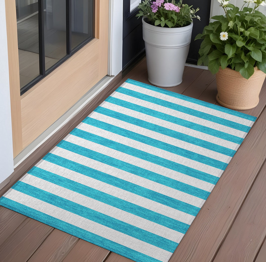 3 X 5 Teal Striped Washable Non Skid Indoor Outdoor Area Rug