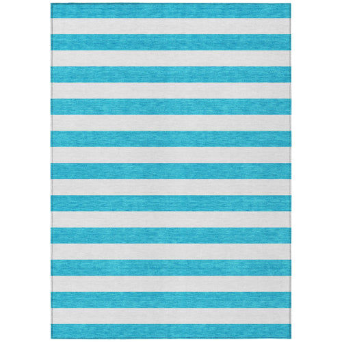 10 X 14 Teal Striped Washable Non Skid Indoor Outdoor Area Rug