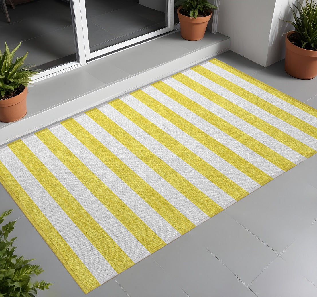 3 X 5 Yellow and White Striped Washable Non Skid Indoor Outdoor Area Rug