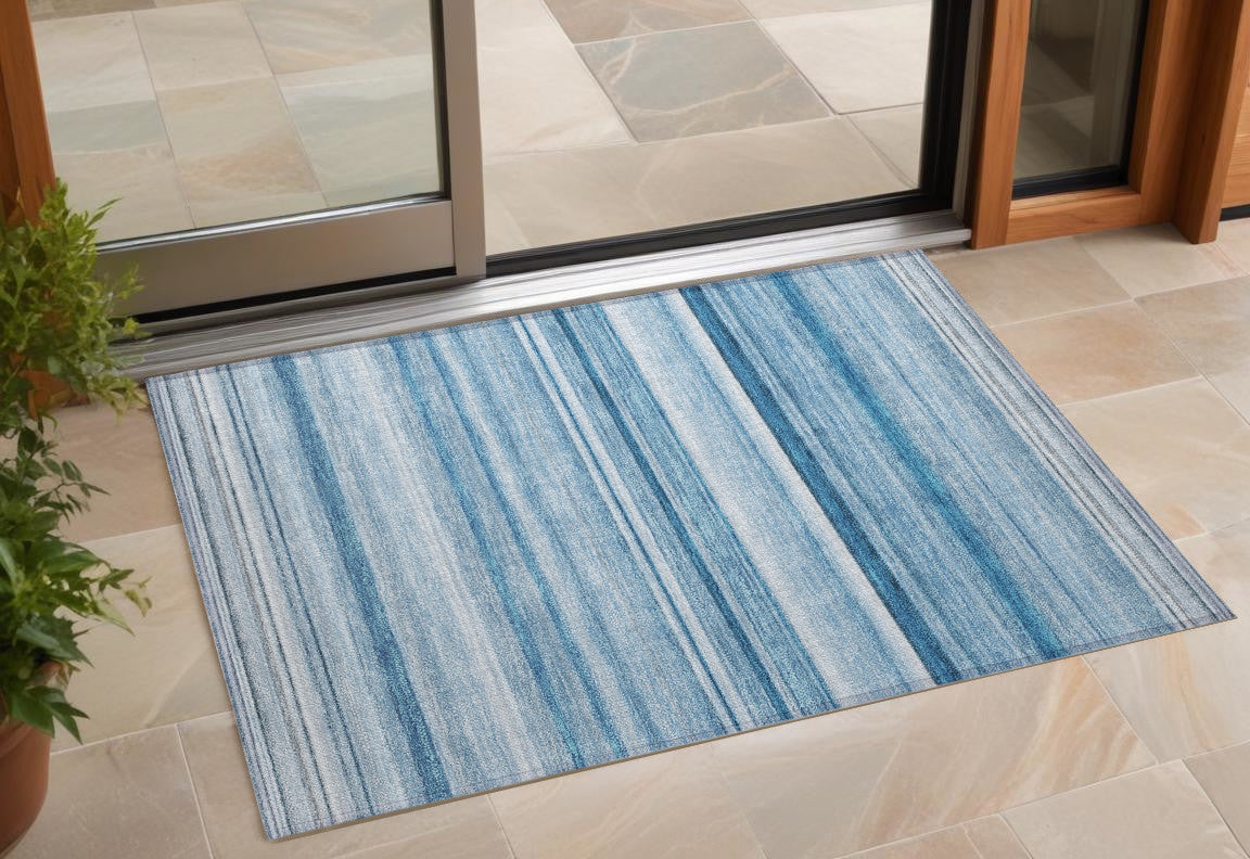 2 X 3 Blue Striped Washable Non Skid Indoor Outdoor Area Rug