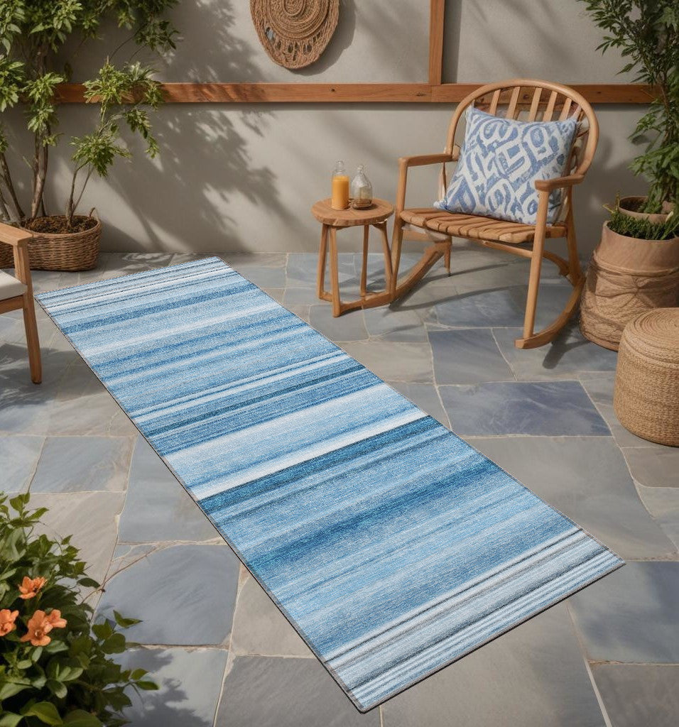 8 Runner Blue Striped Washable Non Skid Indoor Outdoor Runner Rug