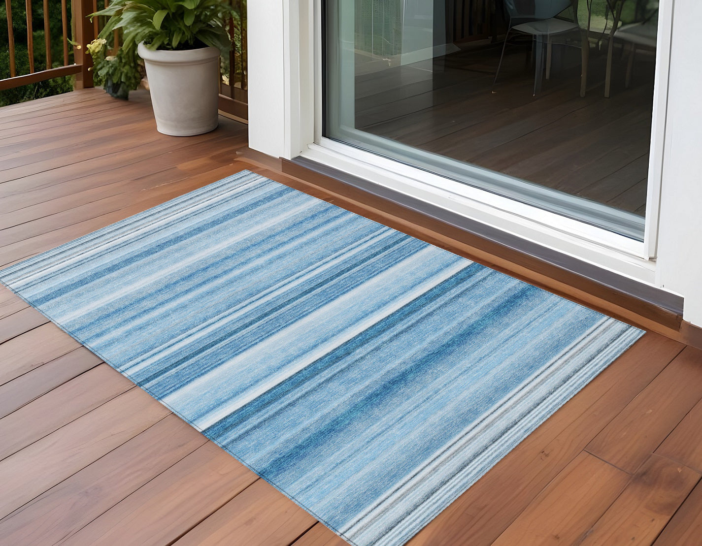 3 X 5 Blue Striped Washable Non Skid Indoor Outdoor Area Rug