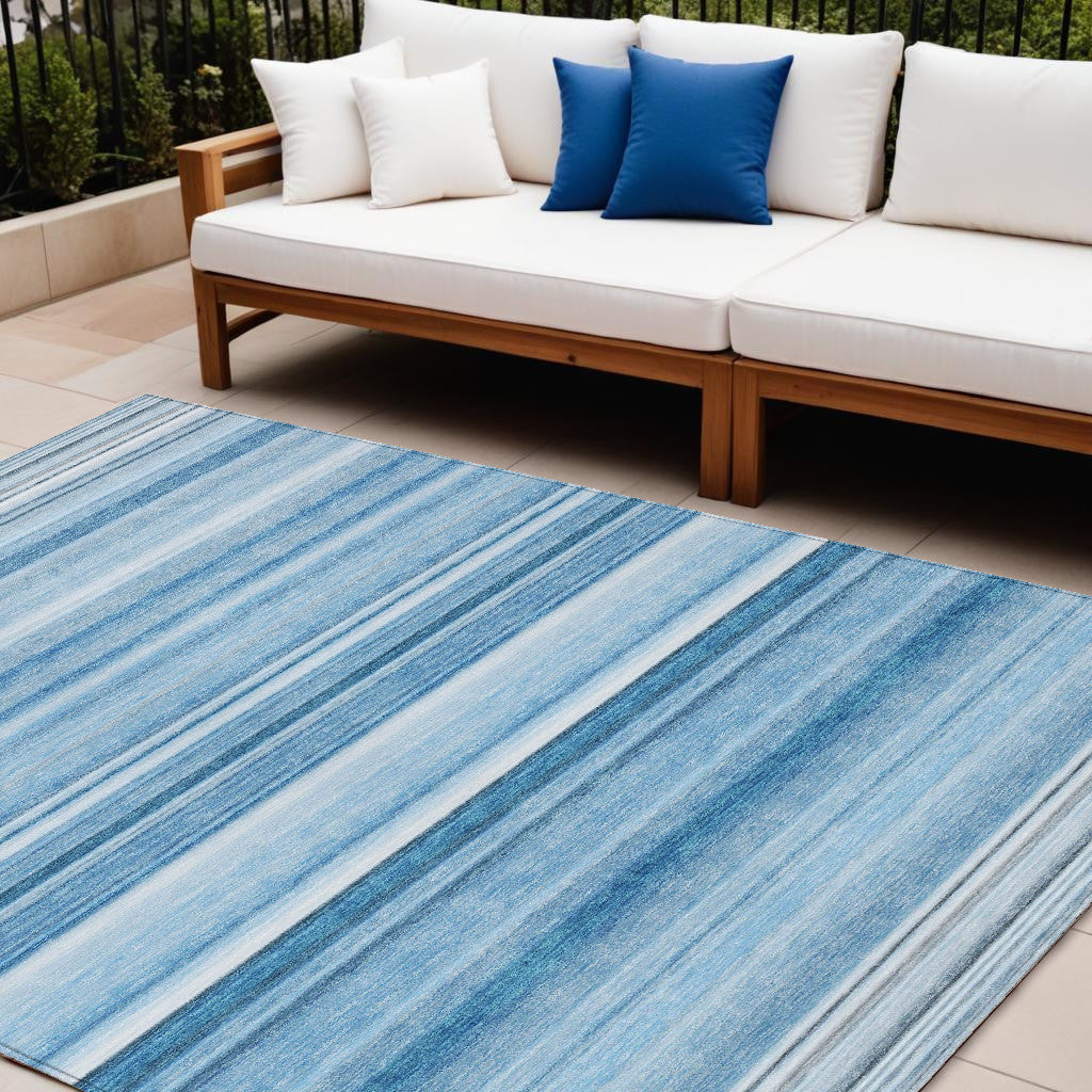 10 X 14 Blue Striped Washable Non Skid Indoor Outdoor Area Rug