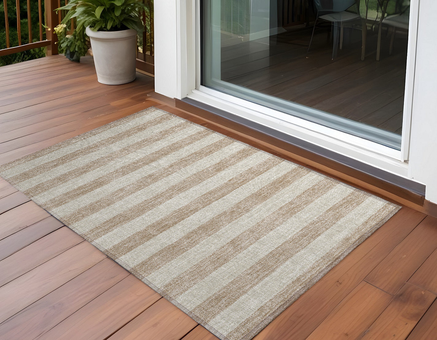 3 X 5 Beige Striped Washable Non Skid Indoor Outdoor Area Rug