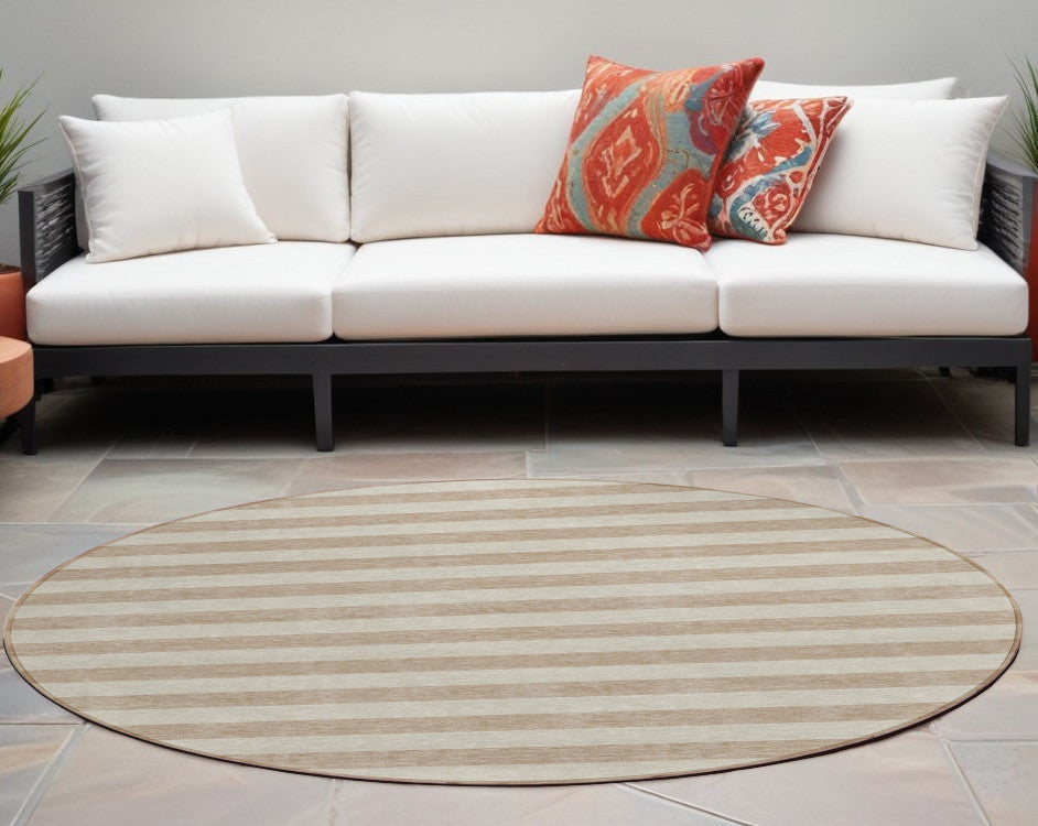 8 Round Beige Round Striped Washable Non Skid Indoor Outdoor Area Rug