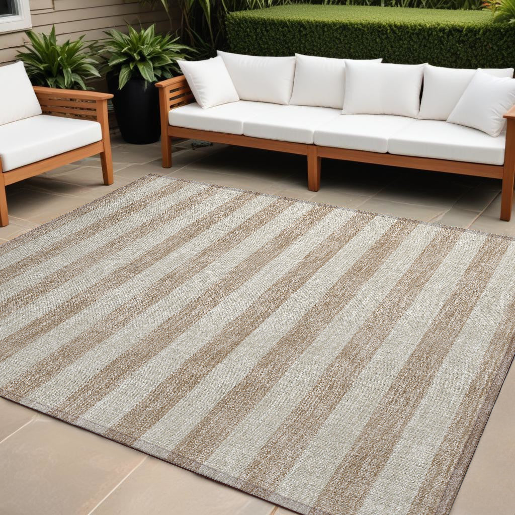 10 X 14 Beige Striped Washable Non Skid Indoor Outdoor Area Rug