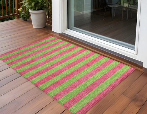 2 X 3 Green and Red Striped Washable Non Skid Indoor Outdoor Area Rug