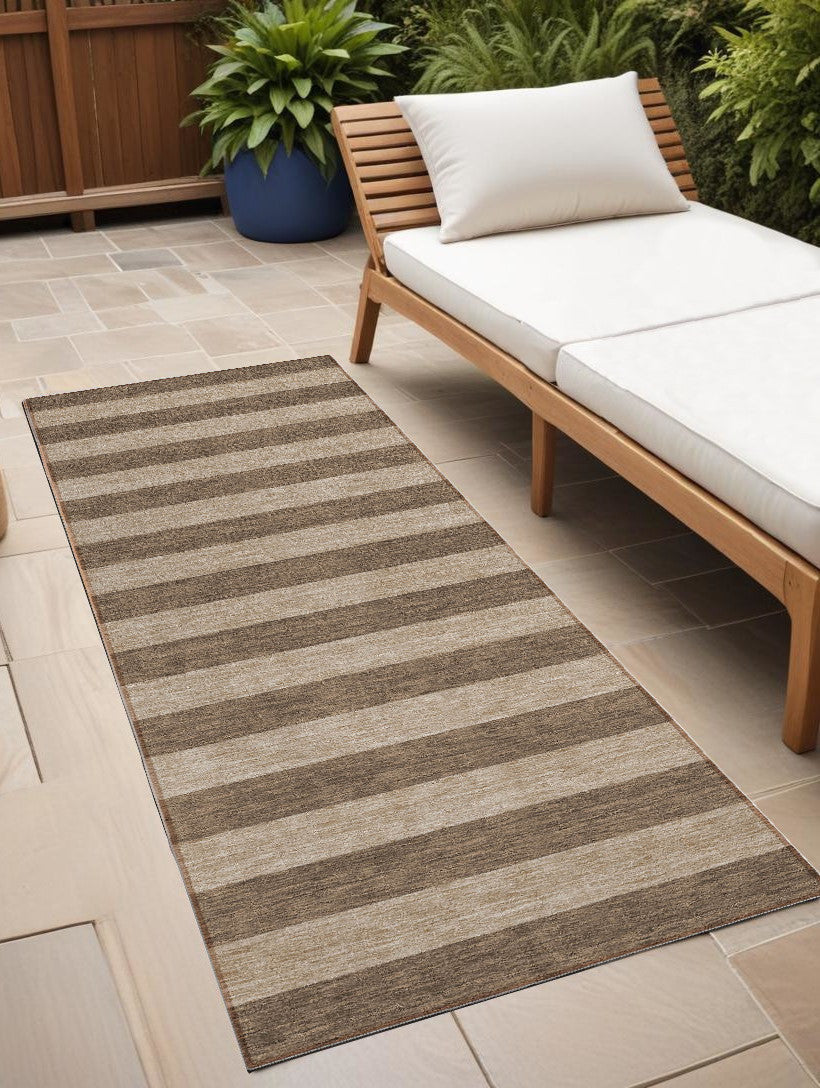 8 Runner Coffee Striped Washable Non Skid Indoor Outdoor Runner Rug