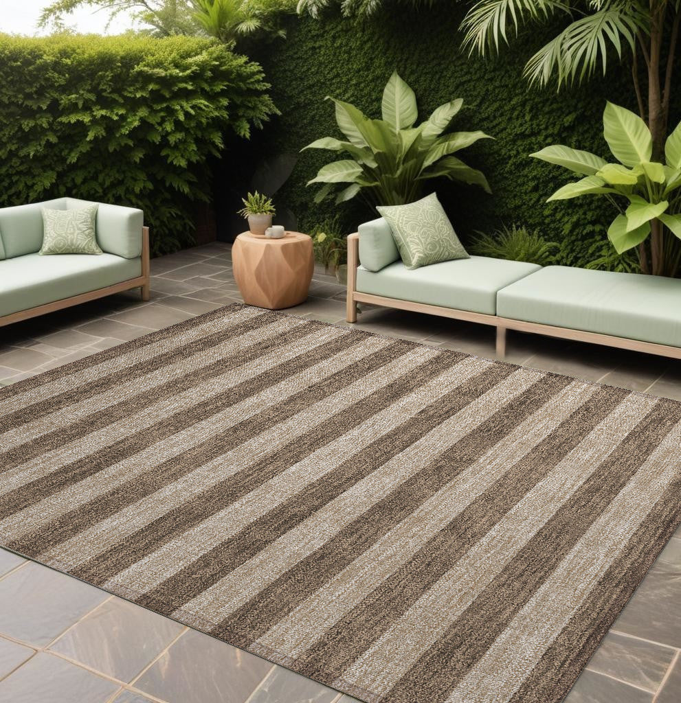 9 X 12 Coffee Striped Washable Non Skid Indoor Outdoor Area Rug