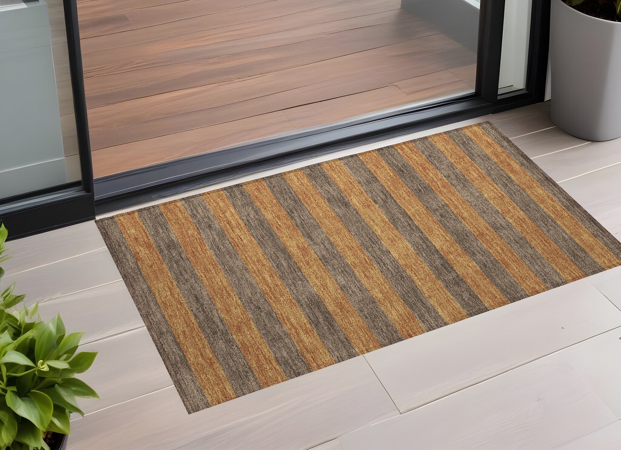 2 X 3 Brown and Tan Striped Washable Non Skid Indoor Outdoor Area Rug