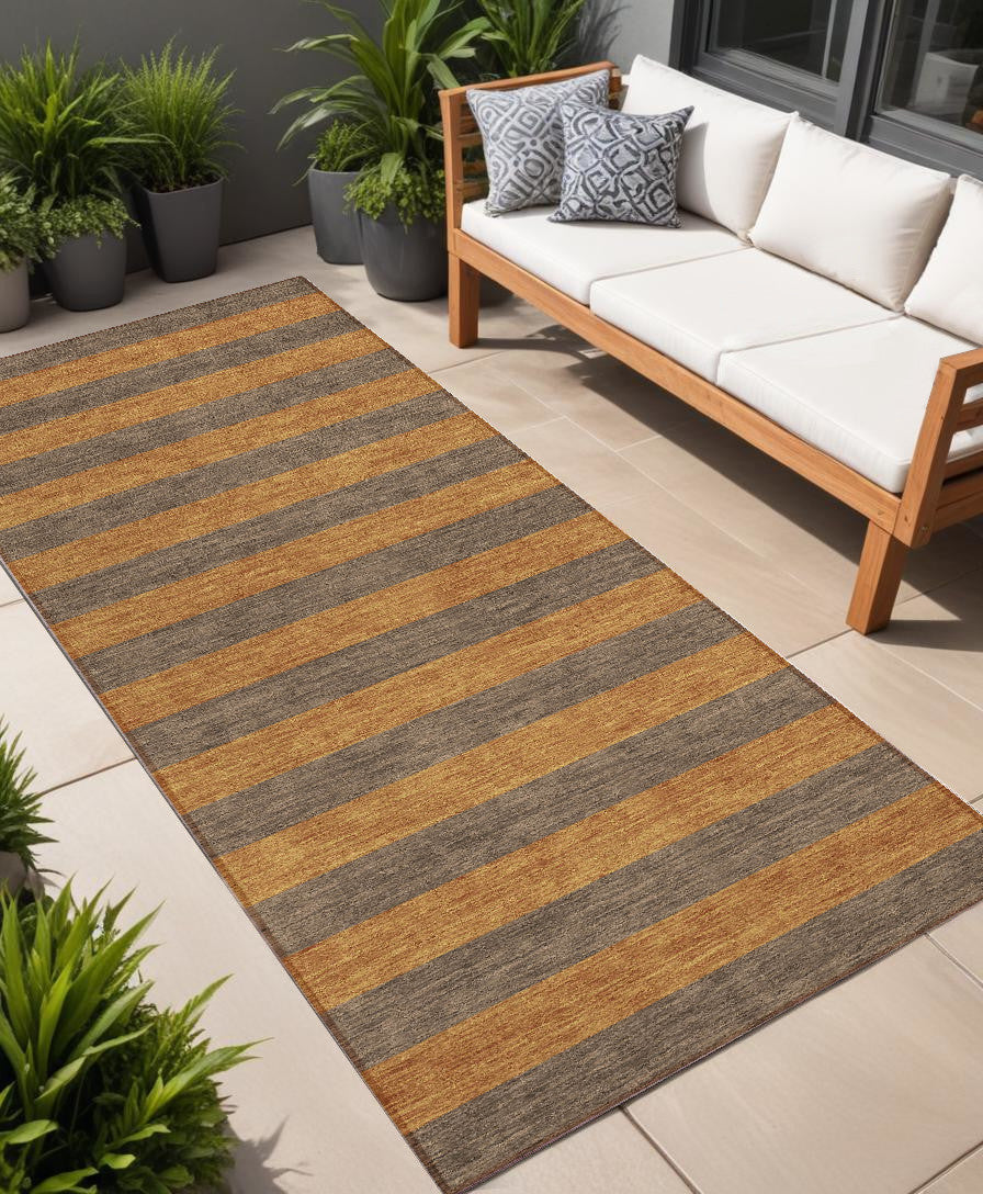 8 Runner Brown and Tan Striped Washable Non Skid Indoor Outdoor Runner Rug