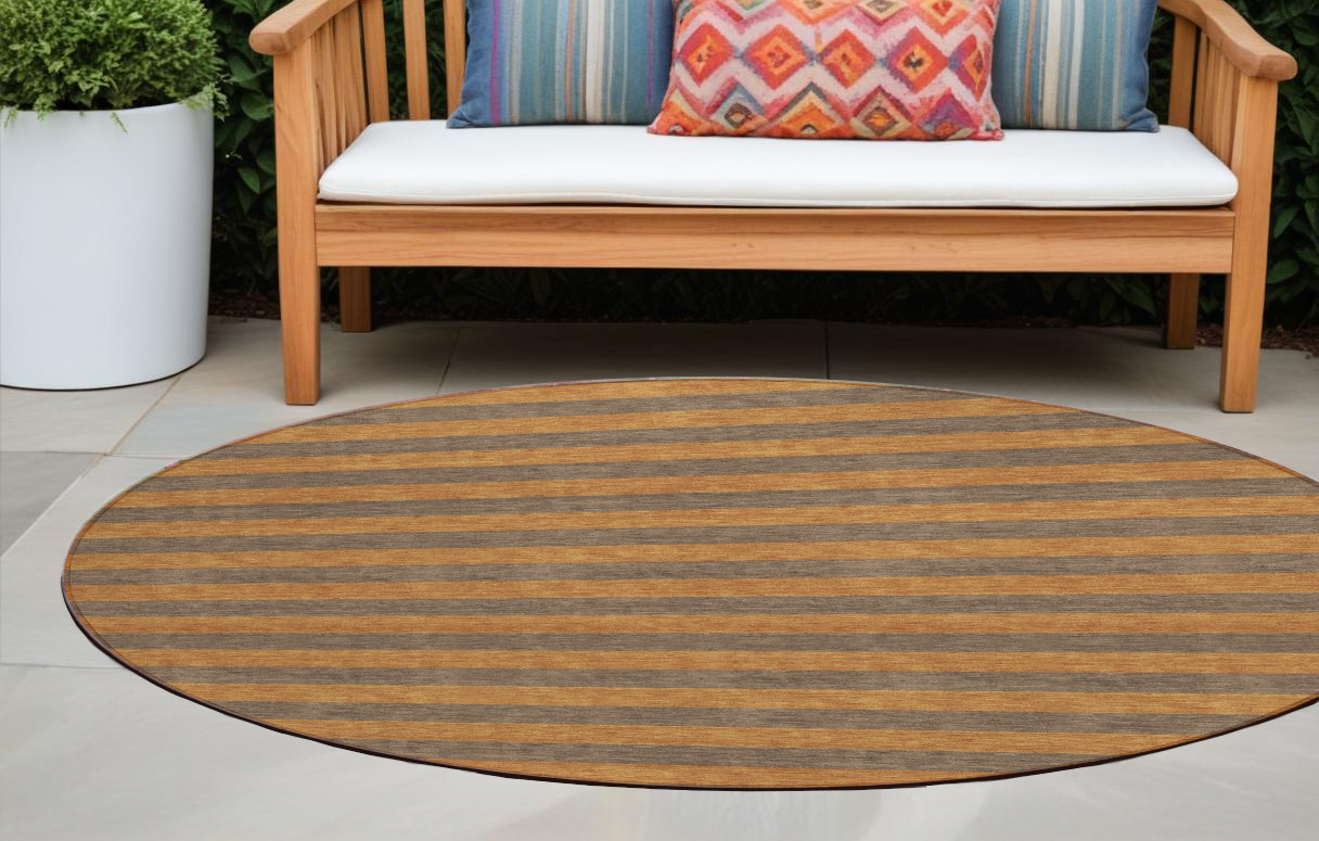 8 Round Brown and Tan Round Striped Washable Non Skid Indoor Outdoor Area Rug