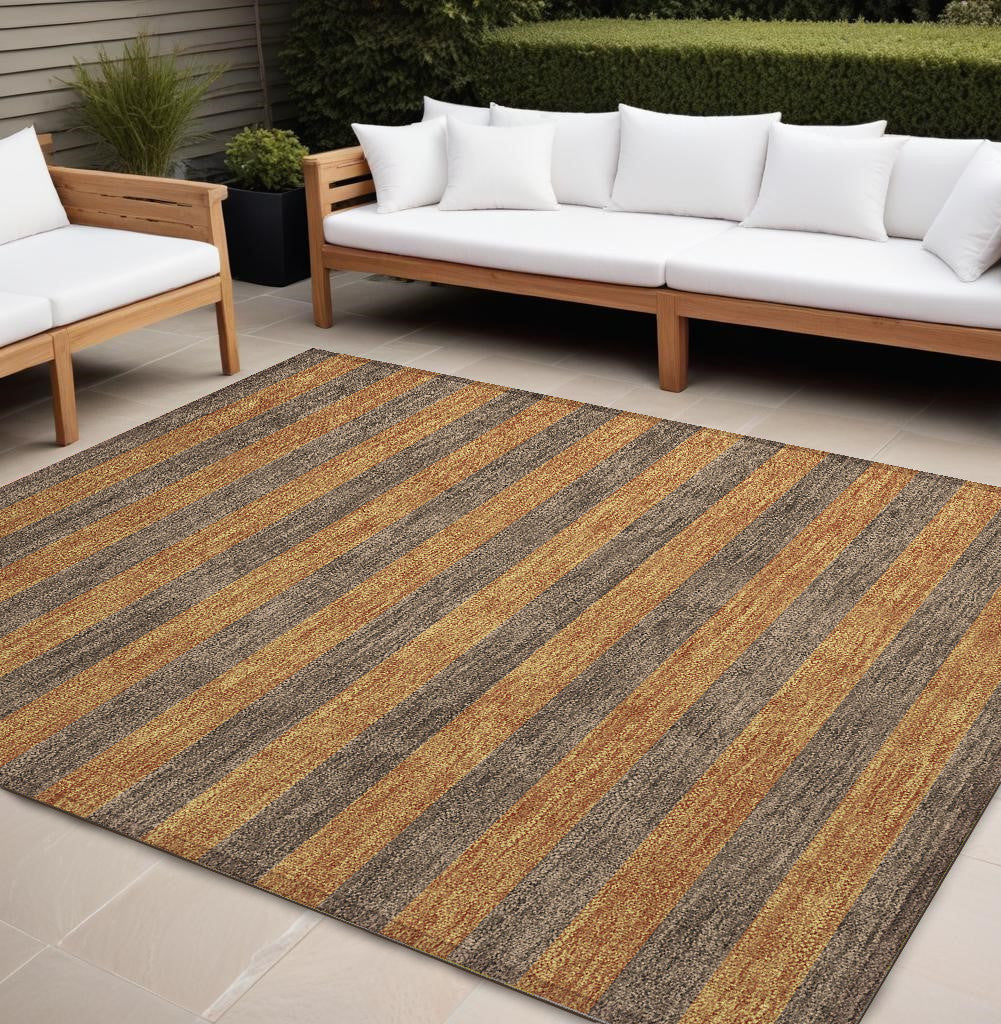 8 X 10 Brown and Tan Striped Washable Non Skid Indoor Outdoor Area Rug