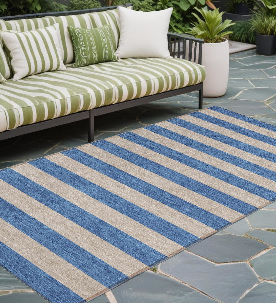 8 Runner Tan Striped Washable Non Skid Indoor Outdoor Runner Rug