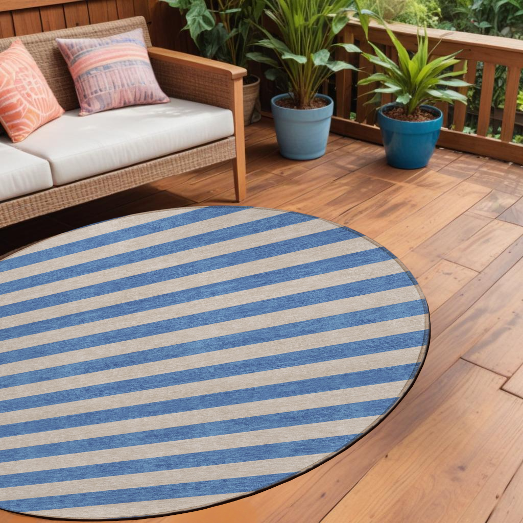 8 Round Tan Round Striped Washable Non Skid Indoor Outdoor Area Rug