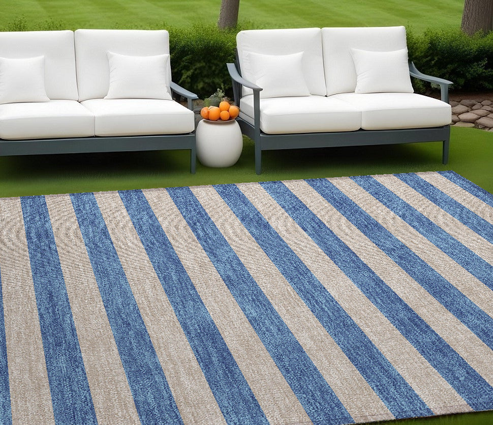 8 X 10 Tan Striped Washable Non Skid Indoor Outdoor Area Rug