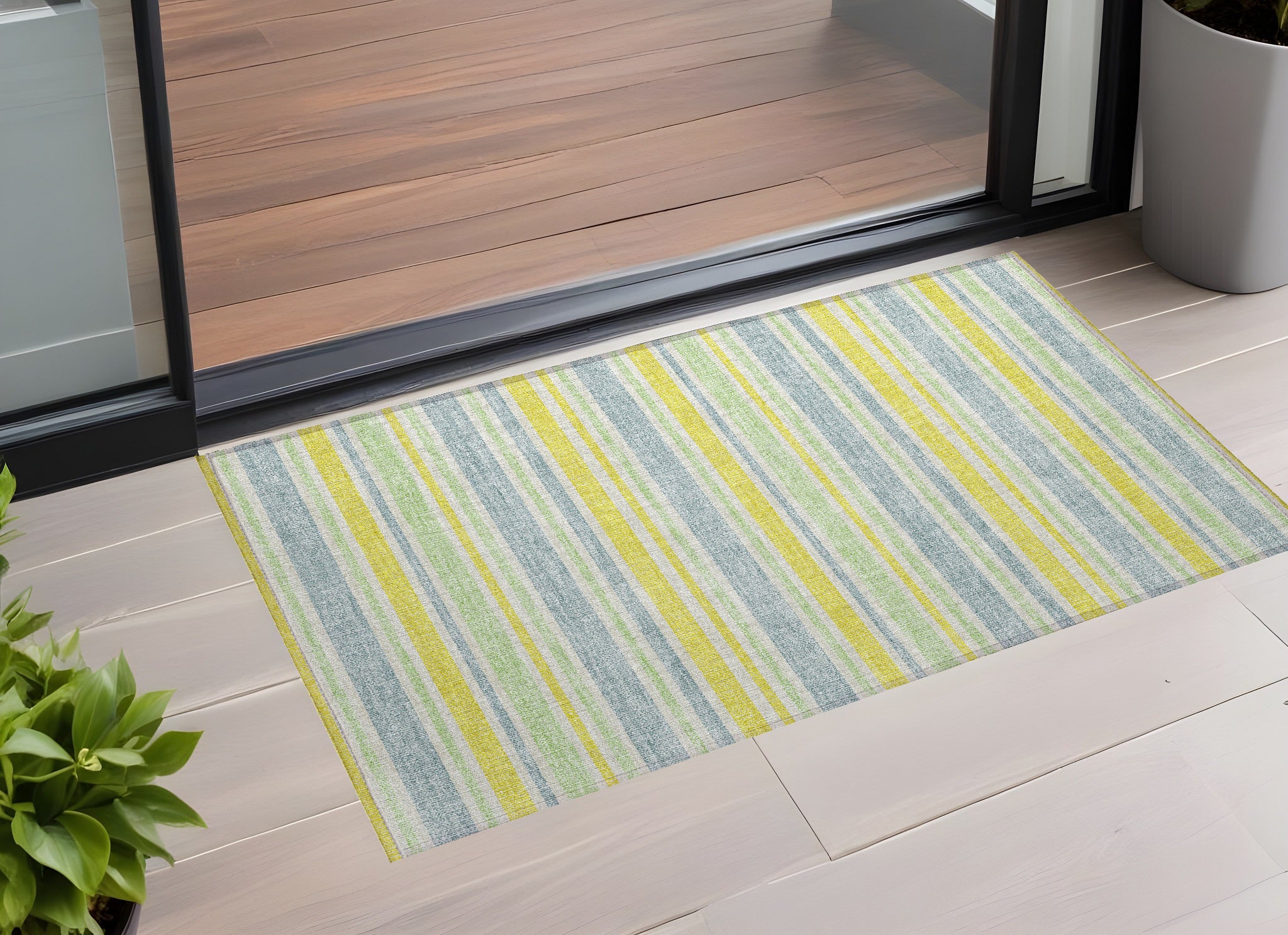 2 X 3 Blue and Yellow Striped Washable Non Skid Indoor Outdoor Area Rug