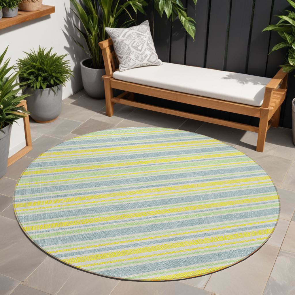 8 Round Blue and Yellow Round Striped Washable Non Skid Indoor Outdoor Area Rug
