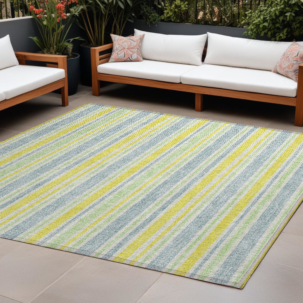 8 X 10 Blue and Yellow Striped Washable Non Skid Indoor Outdoor Area Rug