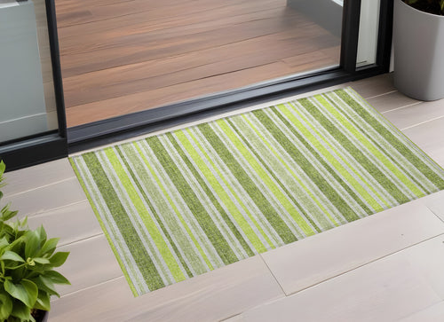 2 X 3 Green and Yellow Striped Washable Non Skid Indoor Outdoor Area Rug