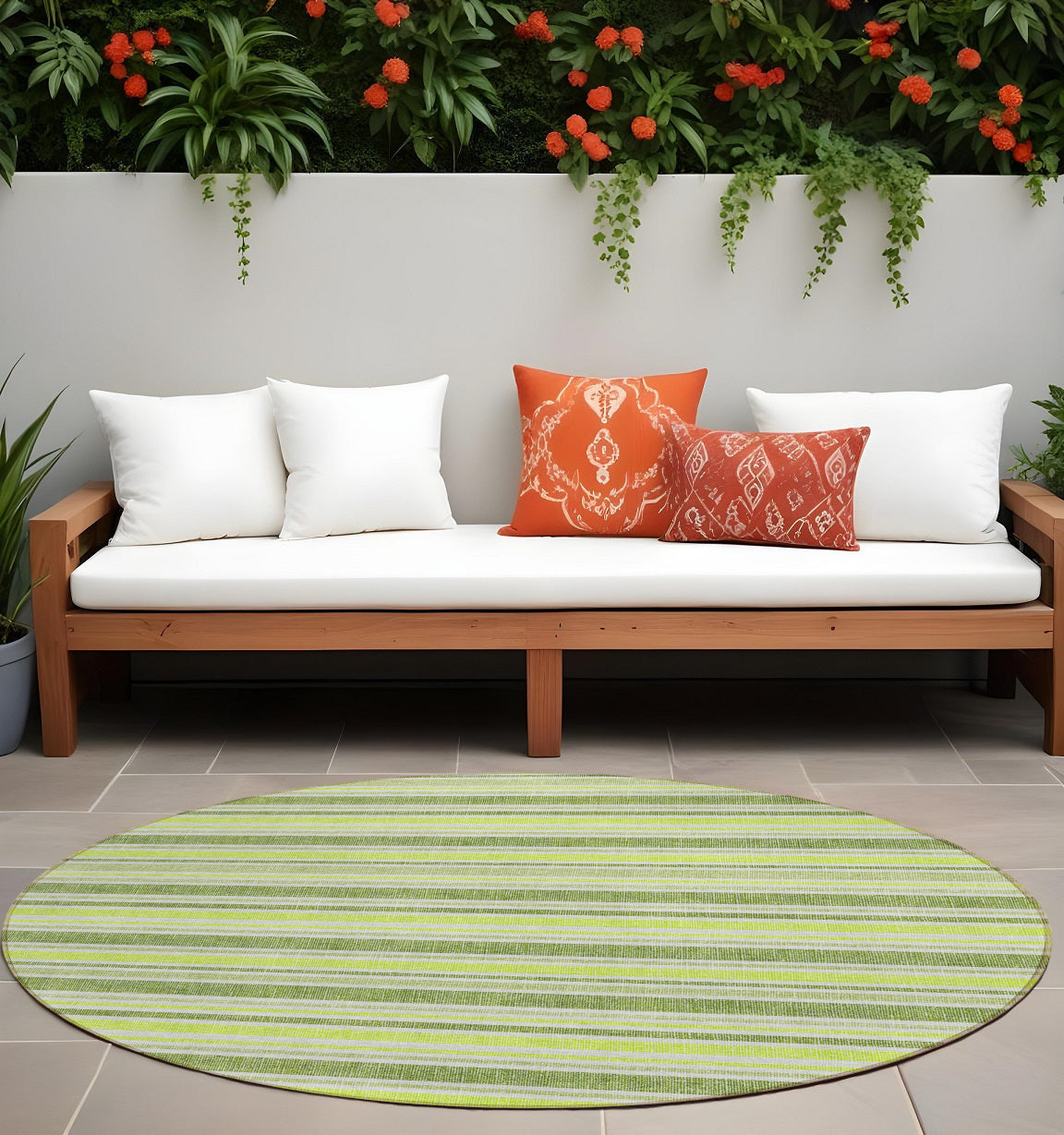 8 Round Green and Yellow Round Striped Washable Non Skid Indoor Outdoor Area Rug