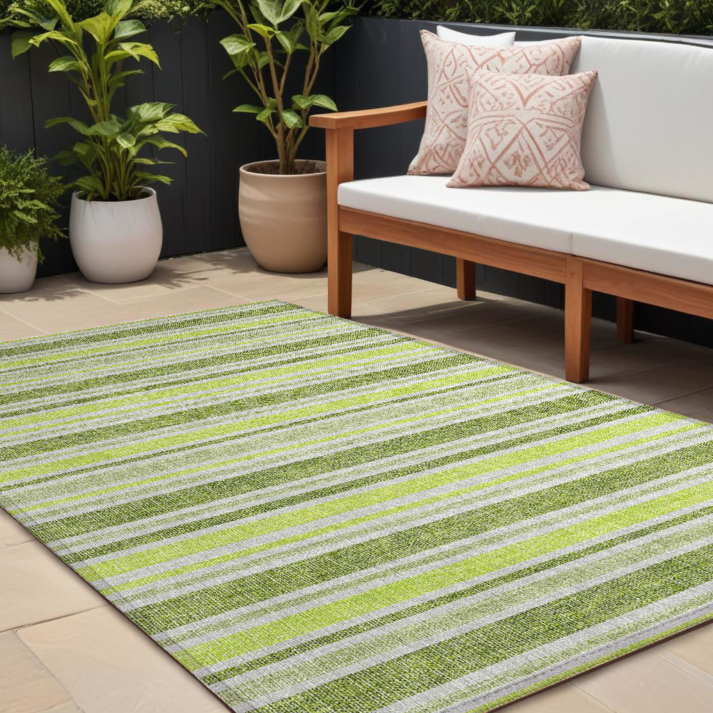 10 X 14 Green and Yellow Striped Washable Non Skid Indoor Outdoor Area Rug