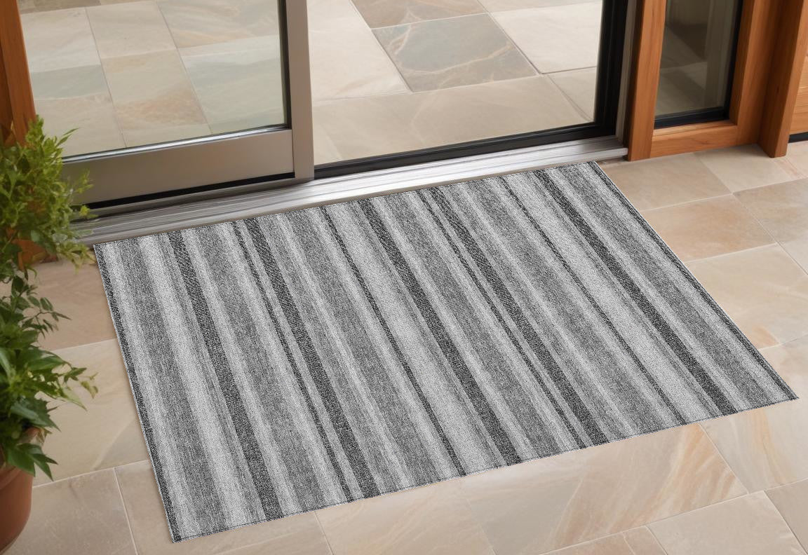 3 X 5 Gray and Black Striped Washable Non Skid Indoor Outdoor Area Rug