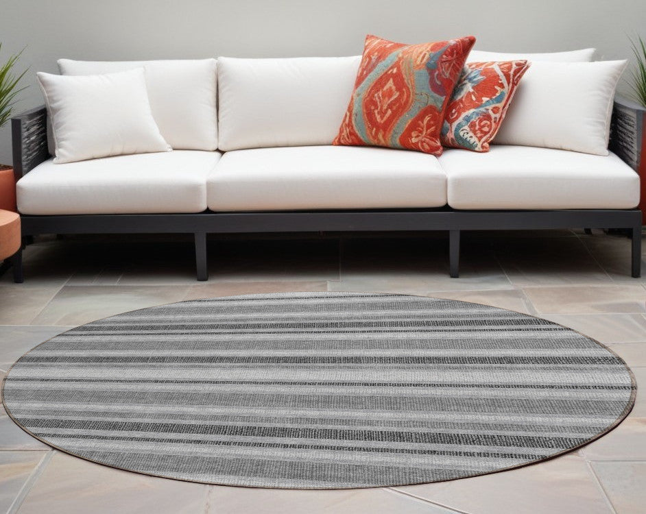 8 Round Gray and Black Round Striped Washable Non Skid Indoor Outdoor Area Rug