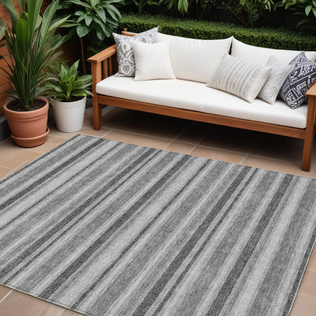 10 X 14 Gray and Black Striped Washable Non Skid Indoor Outdoor Area Rug