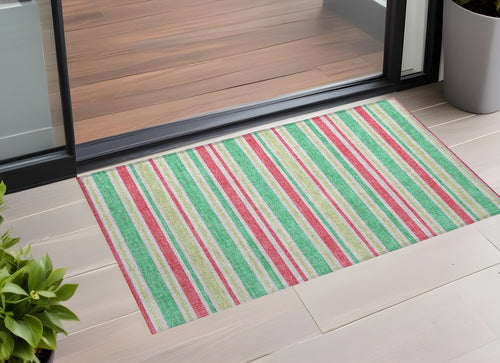 2 X 3 Green Striped Washable Non Skid Indoor Outdoor Area Rug
