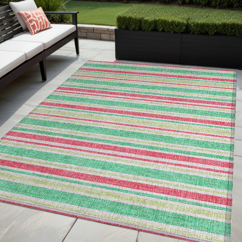 5 X 8 Green Striped Washable Non Skid Indoor Outdoor Area Rug