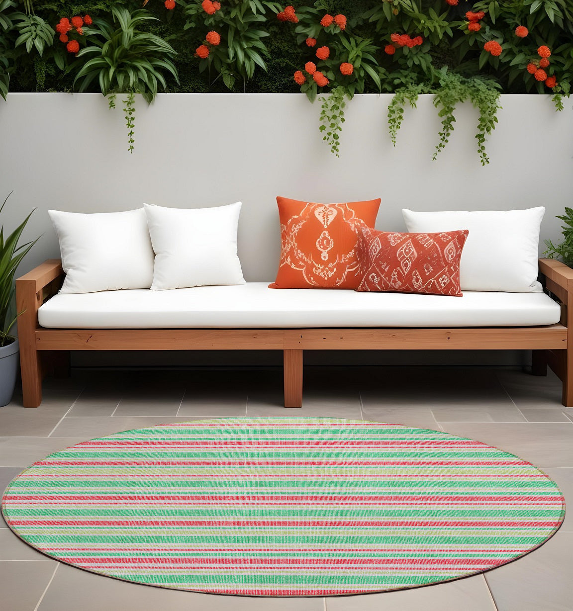 8 Round Green Round Striped Washable Non Skid Indoor Outdoor Area Rug