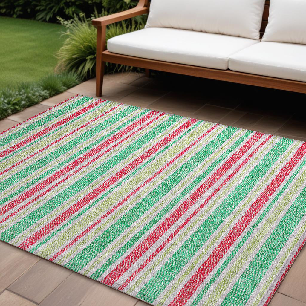 8 X 10 Green Striped Washable Non Skid Indoor Outdoor Area Rug