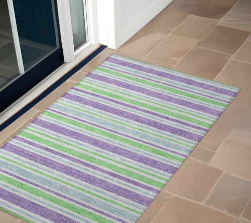 2 X 3 Lime Green Striped Washable Non Skid Indoor Outdoor Area Rug