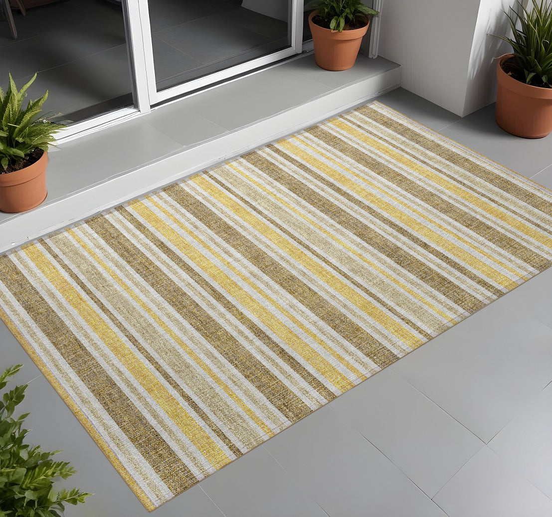 2 X 3 Brown and Orange Striped Washable Non Skid Indoor Outdoor Area Rug
