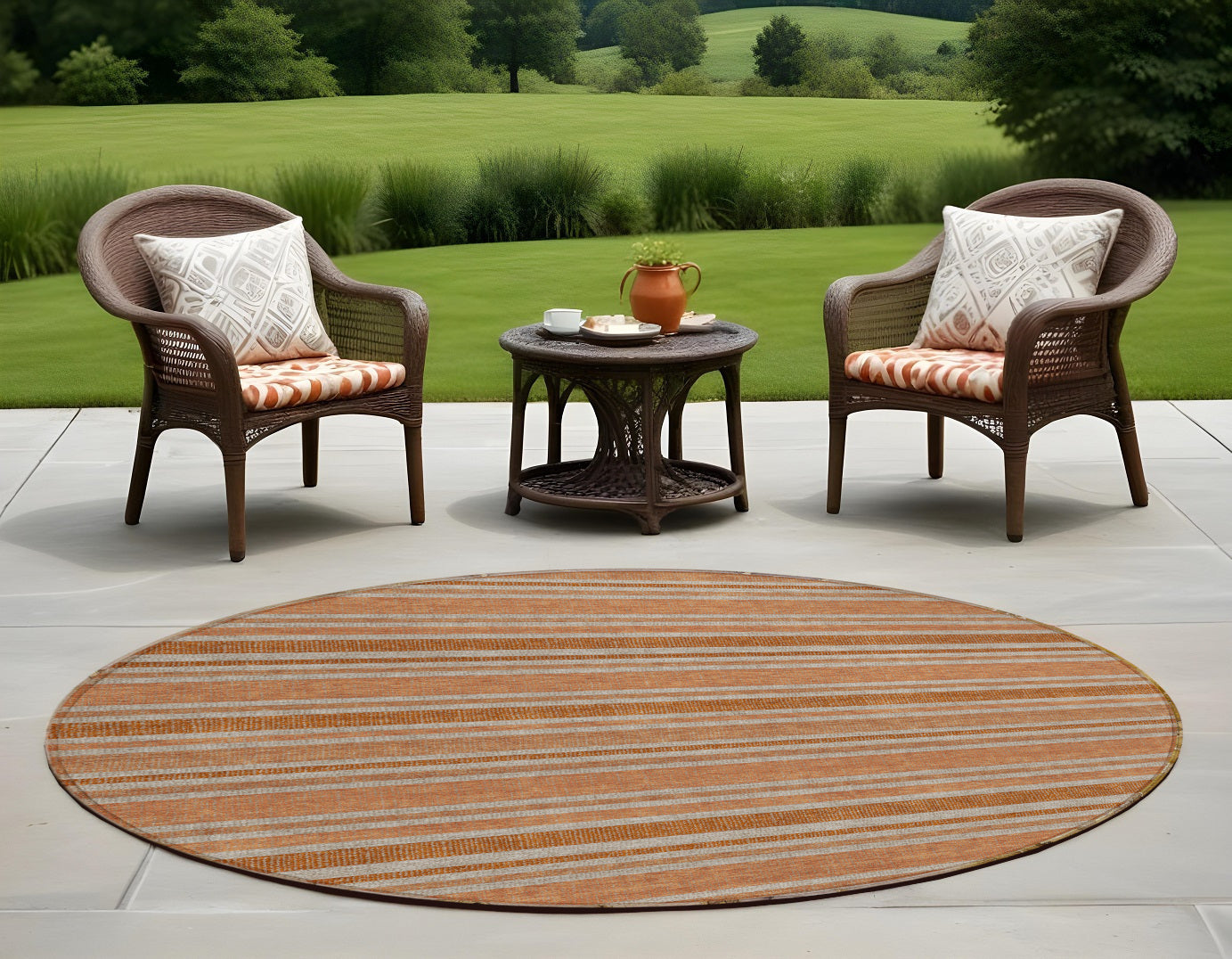 8 Round Beige and Orange Round Striped Washable Non Skid Indoor Outdoor Area Rug