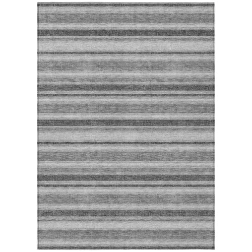 10 X 14 Black Silver and Gray Striped Washable Non Skid Indoor Outdoor Area Rug