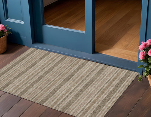 2 X 3 Taupe Striped Washable Non Skid Indoor Outdoor Area Rug