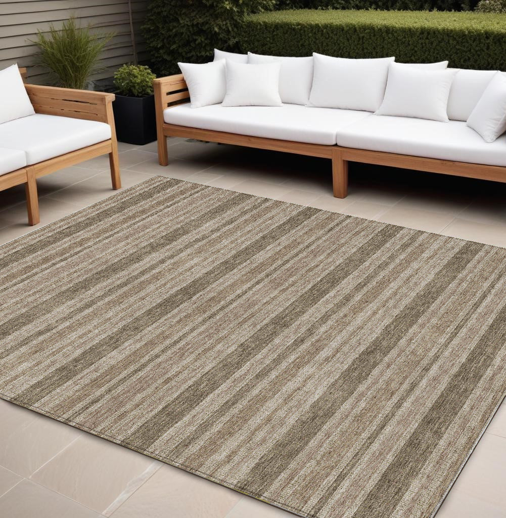 10 X 14 Taupe Striped Washable Non Skid Indoor Outdoor Area Rug