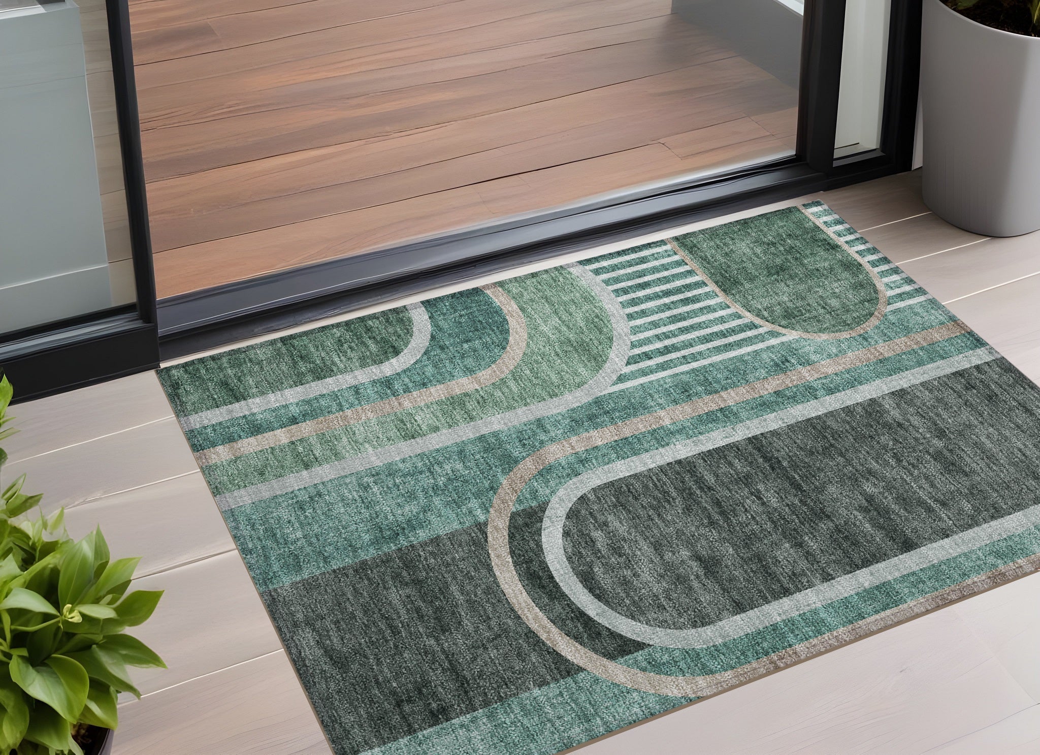 2 X 3 Black and Green Abstract Washable Non Skid Indoor Outdoor Area Rug