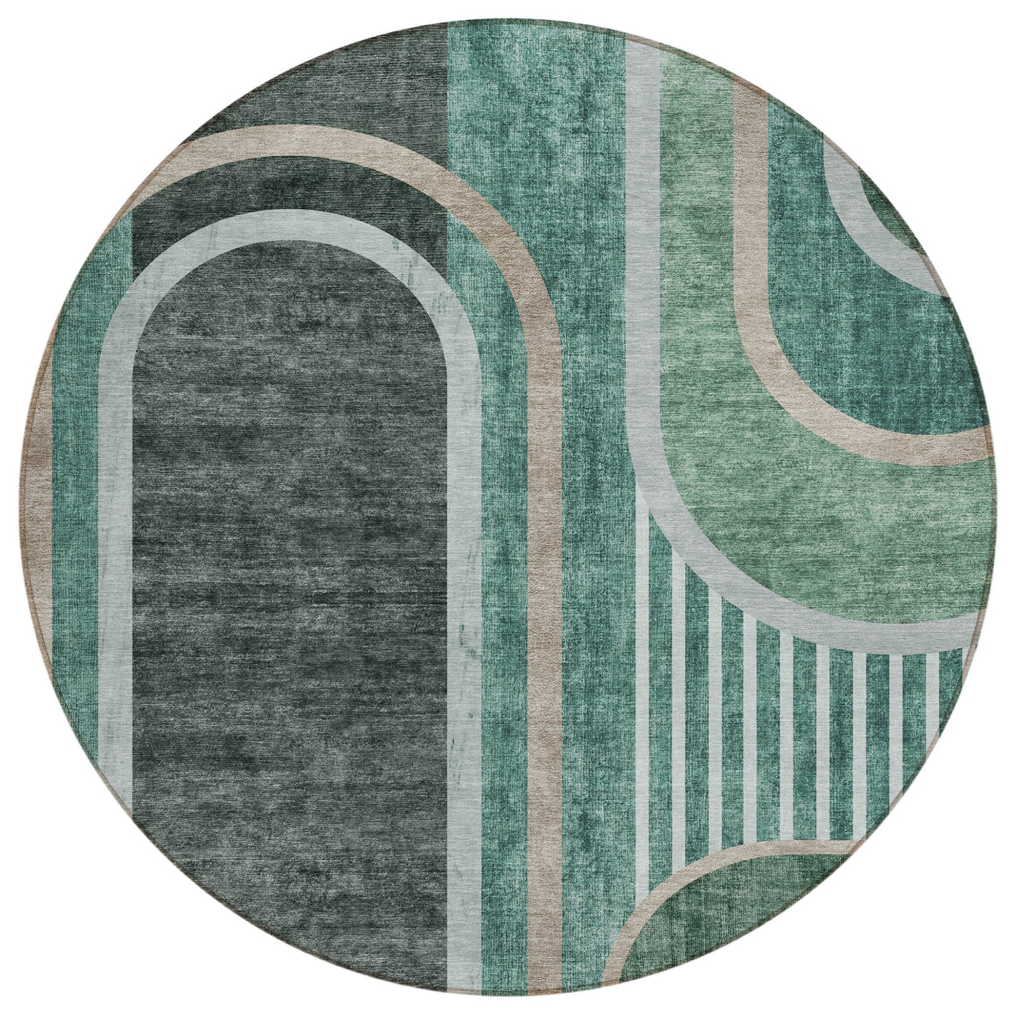 8 Round Black and Green Round Abstract Washable Non Skid Indoor Outdoor Area Rug