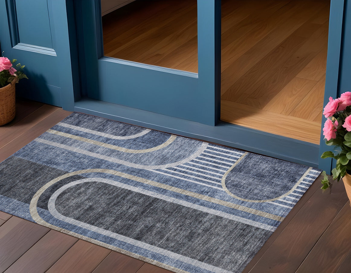 2 X 3 Blue and Black Abstract Washable Non Skid Indoor Outdoor Area Rug
