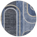 8 Round Blue and Black Round Abstract Washable Non Skid Indoor Outdoor Area Rug