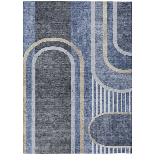 10 X 14 Blue and Black Abstract Washable Non Skid Indoor Outdoor Area Rug