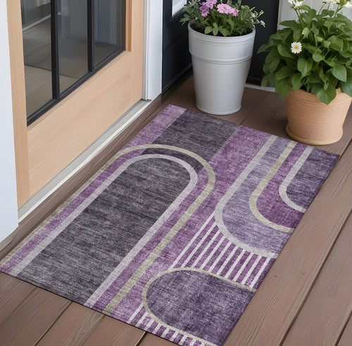 2 X 3 Purple and Black Abstract Washable Non Skid Indoor Outdoor Area Rug