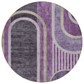 8 Round Purple and Black Round Abstract Washable Non Skid Indoor Outdoor Area Rug