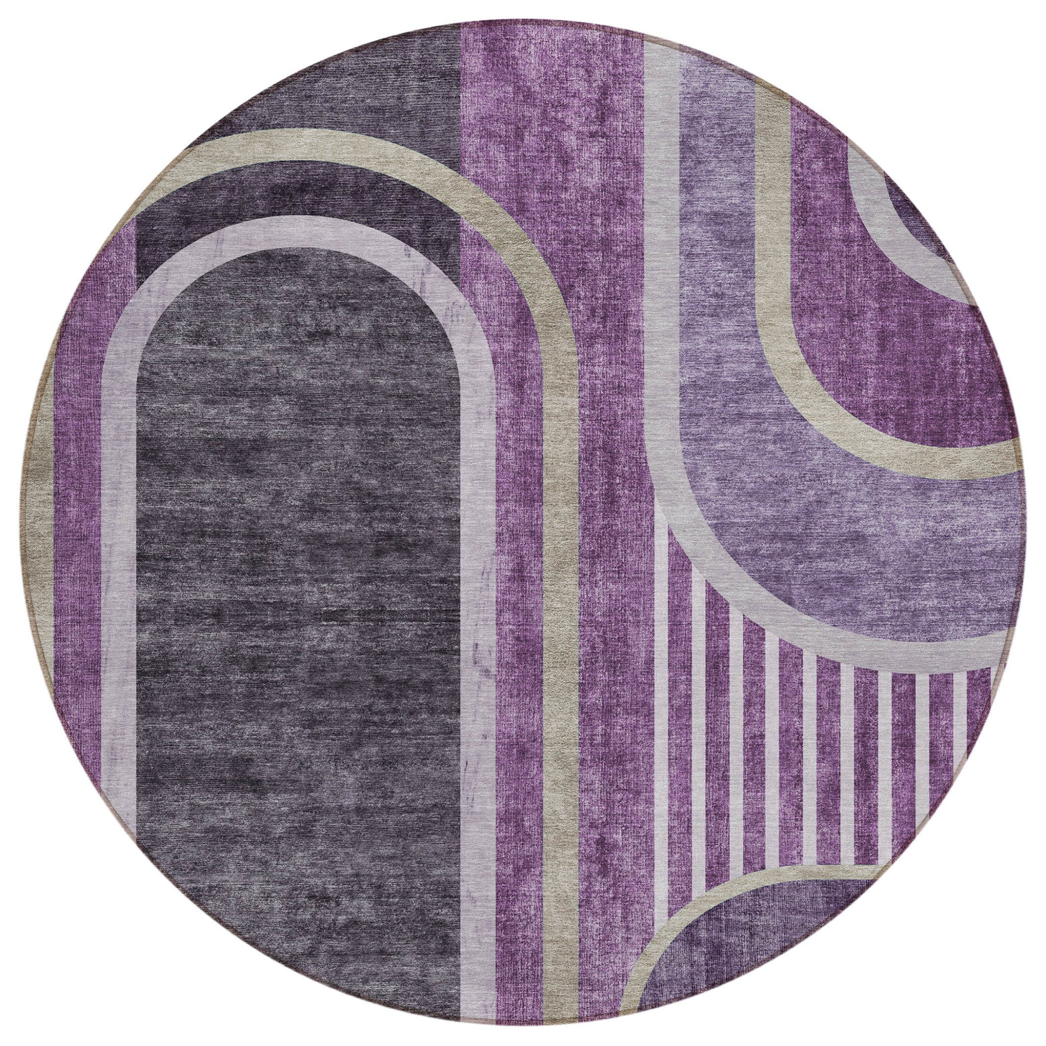 8 Round Purple and Black Round Abstract Washable Non Skid Indoor Outdoor Area Rug