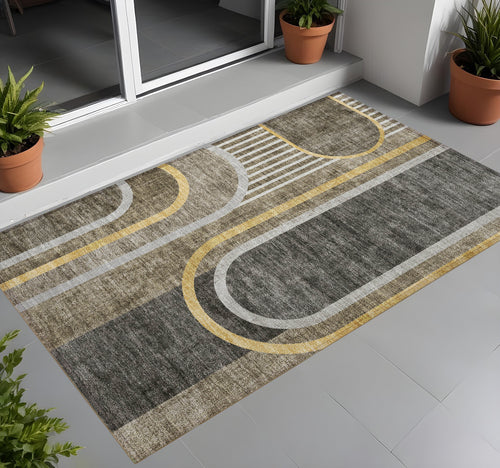 2 X 3 Taupe and Gray Abstract Washable Non Skid Indoor Outdoor Area Rug